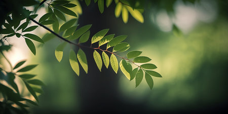 Close up of green leaves on blurred background with bokeh effectの素材