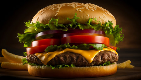 Cheese burger - American cheese burger with fresh salad on wooden backgroundの素材