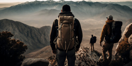 Hikers with backpacks hiking in the mountains. Adventure and exploration conceptの素材