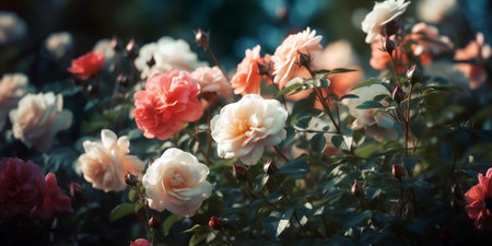 Blooming roses in the garden on a summer sunny day. Natural floral background.の素材