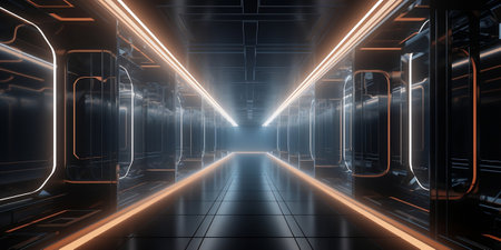 futuristic scifi tunnel corridor with glowing lights 3d renderingの素材