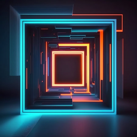 3d render, abstract geometric background, glowing neon lines, square frameの素材