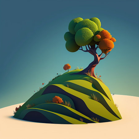 Abstract landscape with a tree on top of a hill. Vector illustration.の素材