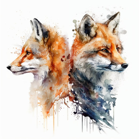 Watercolor portrait of two foxes with splashes on white backgroundの素材