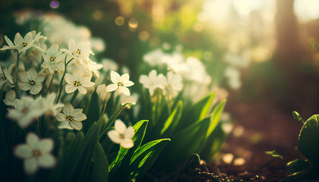 White spring flowers in the forest. Nature background. Soft focus.の素材