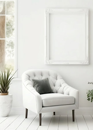 interior with white armchair and picture frame, 3d renderの素材