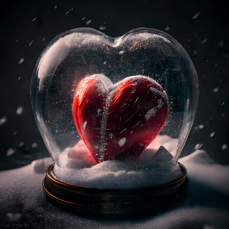 Heart in a snow globe. Valentines day concept. Dark background.の素材