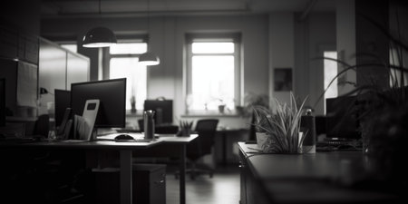 Interior of a modern office. Black and white photo. Blurred backgroundの素材