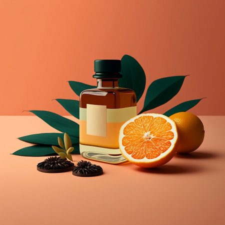 Orange essential oil in a glass bottle with a label on an orange background. 3d renderingの素材