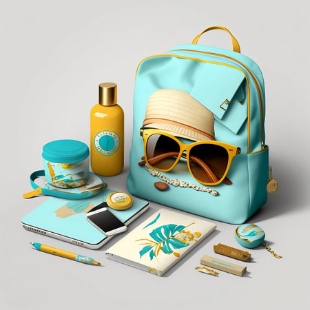 Blue backpack with a hat, sunglasses, a passport, a cup of coffee, a smartphone, a map and a bottle of sunscreen on a gray backgroundの素材