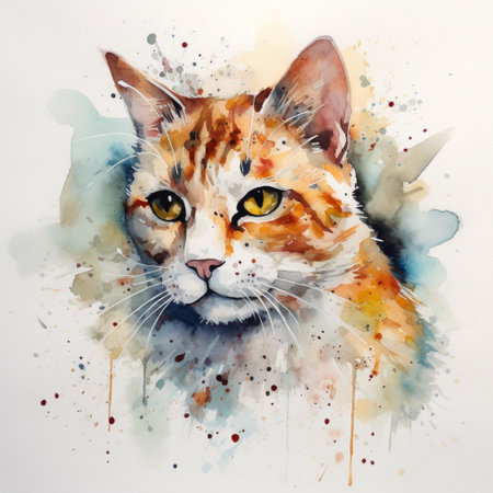 Watercolor portrait of a cat with multicolored splashes.の素材