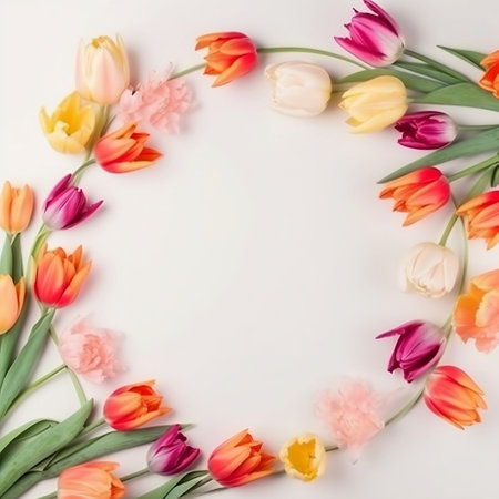 Flower composition. Frame made of tulips on white background. Flat lay, top view, copy spaceの素材