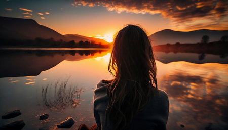 Young woman sitting on the bank of a mountain lake at sunset.の素材