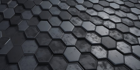 3d rendering of abstract background with hexagons in black and white colorsの素材