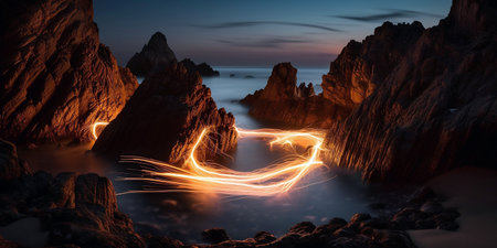 Fantasy landscape with sea, rocks and lights. 3d renderingの素材