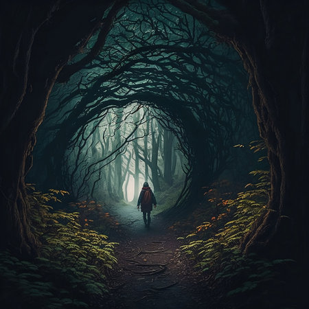 Man in the dark mysterious forest. Halloween background. 3D renderingの素材