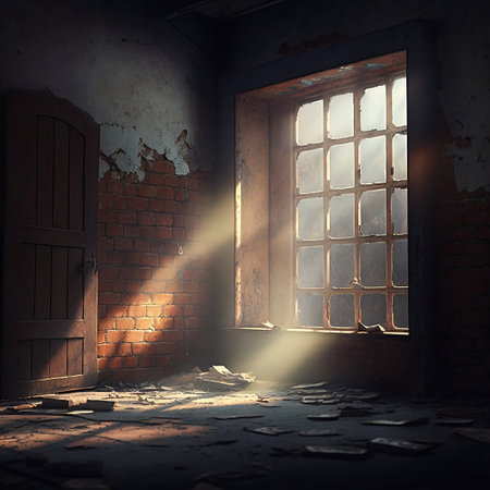 Abandoned room with old window and brick wall, 3d renderの素材