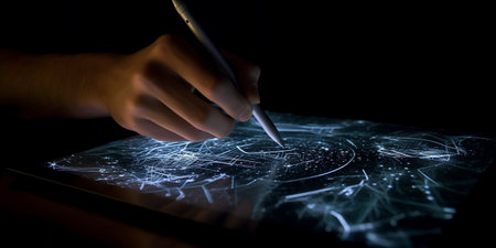 Close up of human hands using tablet pc with abstract glowing network hologramの素材
