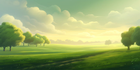 Beautiful landscape with green meadow and trees. Vector illustration.の素材