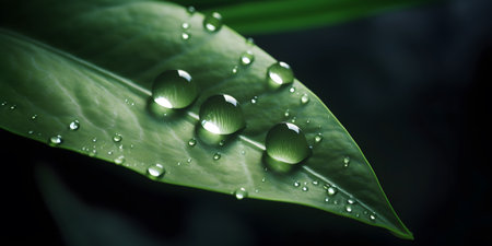 Water drops on a green leaf. Macro shot. Selective focus.の素材