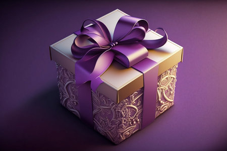 Gift box with purple bow on purple background. 3d illustrationの素材