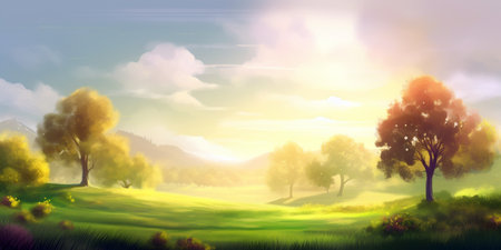 Autumn landscape with trees, meadow and sunset. Vector illustration.の素材