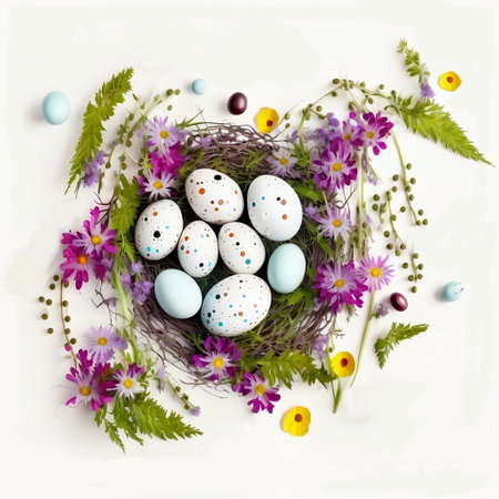 Easter eggs in a nest with flowers on a white background.の素材
