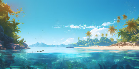 Tropical island with palm trees and blue sea. 3d renderingの素材