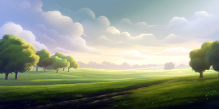 Landscape with trees and meadow at sunset. Vector illustration.の素材