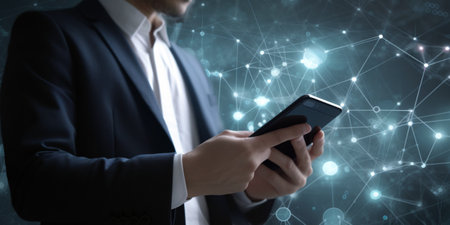 Businessman using mobile smart phone with network connection on dark background 3D renderingの素材