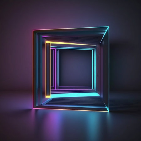 Neon glowing square frame on dark background. 3d render illustrationの素材