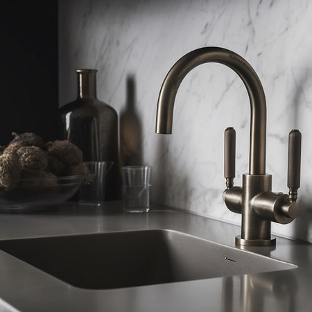Close-up of a modern kitchen with a sink and a faucetの素材