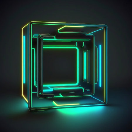 Glowing neon square box. 3D rendering, 3D illustration.の素材