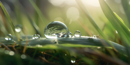 Water drop on green grass in the morning with sun light and bokehの素材