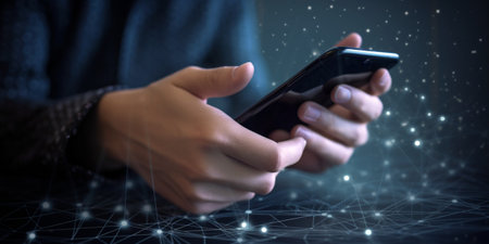 Close up of a man using mobile smart phone on dark background 3D renderingの素材