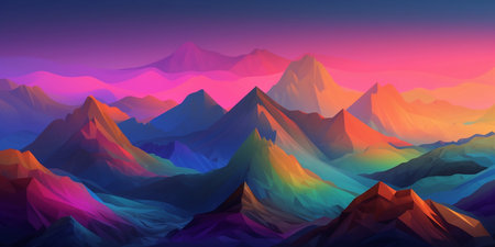 Colorful mountains in sunset time, 3d rendering. Computer digital drawing.の素材