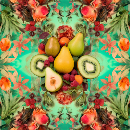 Colorful fruit mix in kaleidoscope pattern. Toned.の素材