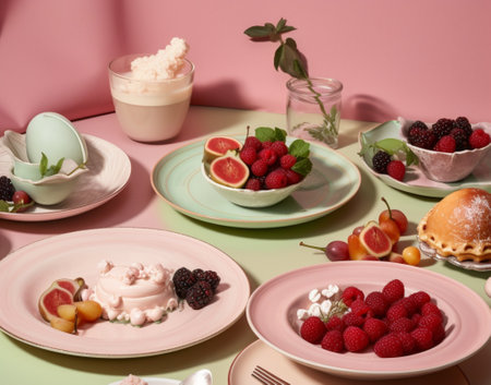Set of pastel color tableware with different fruits and berries.の素材