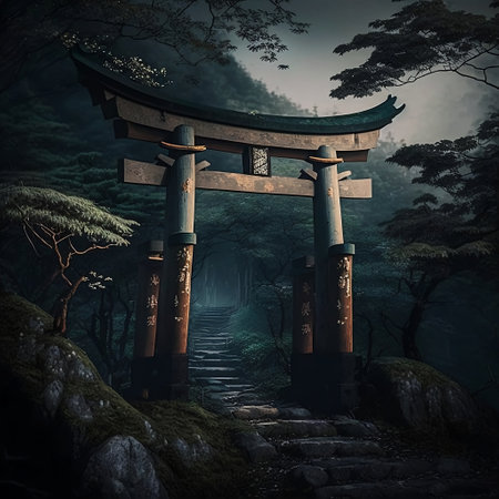 Fantasy landscape with a stone path leading to the torii gateの素材