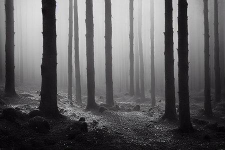 Mysterious dark forest with fog. Black and white photo.の素材