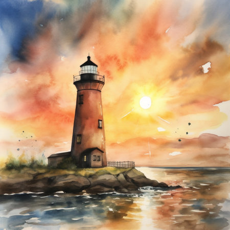 Digital watercolor painting of a lighthouse on the sea at sunset.の素材
