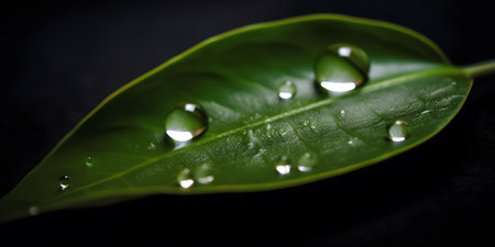 Water droplets on green leaf with black background, shallow depth of fieldの素材