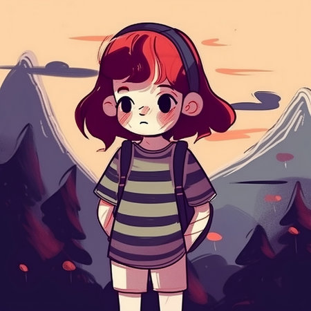Cute cartoon girl with backpack on the background of mountains. Vector illustration.の素材