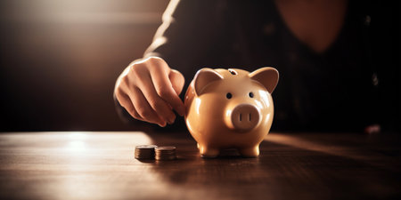Man putting coin into piggy bank on wooden table, closeupの素材