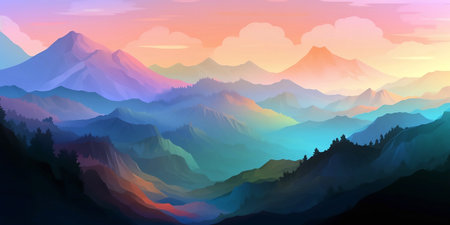 Landscape with mountains at sunset. Colorful vector illustration for your designの素材