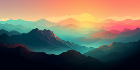 Mountain landscape at sunset. Vector illustration of a mountain range.の素材
