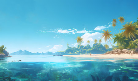 Tropical island with palm trees and turquoise sea.の素材