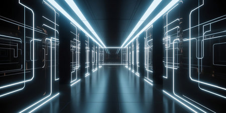 futuristic scifi tunnel corridor with glowing lights 3d rendering wallpaper backgroundの素材