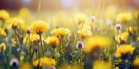 Yellow dandelions on a meadow in the rays of the sunの素材