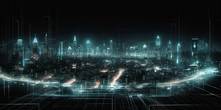 Futuristic city panorama 3D rendering illustration on dark backgroundの素材